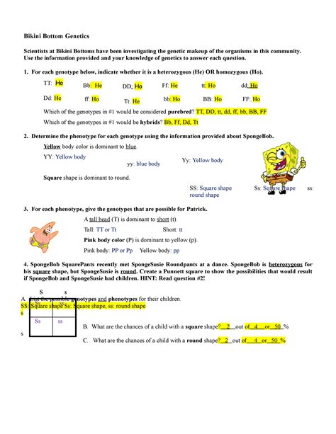 spongebob genetics worksheet answer key